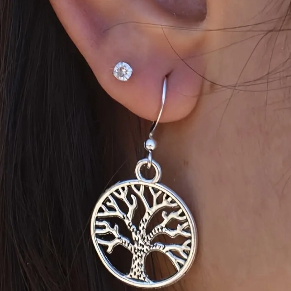Boho Round Silver Textured Tree of Life Drop Earrings